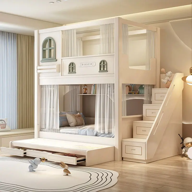 New Design Contemporary Wood Children Bunk Bed Set Multifunctional Bedroom Furniture Cream Color Mother and Baby Bed with Slid — image 2
