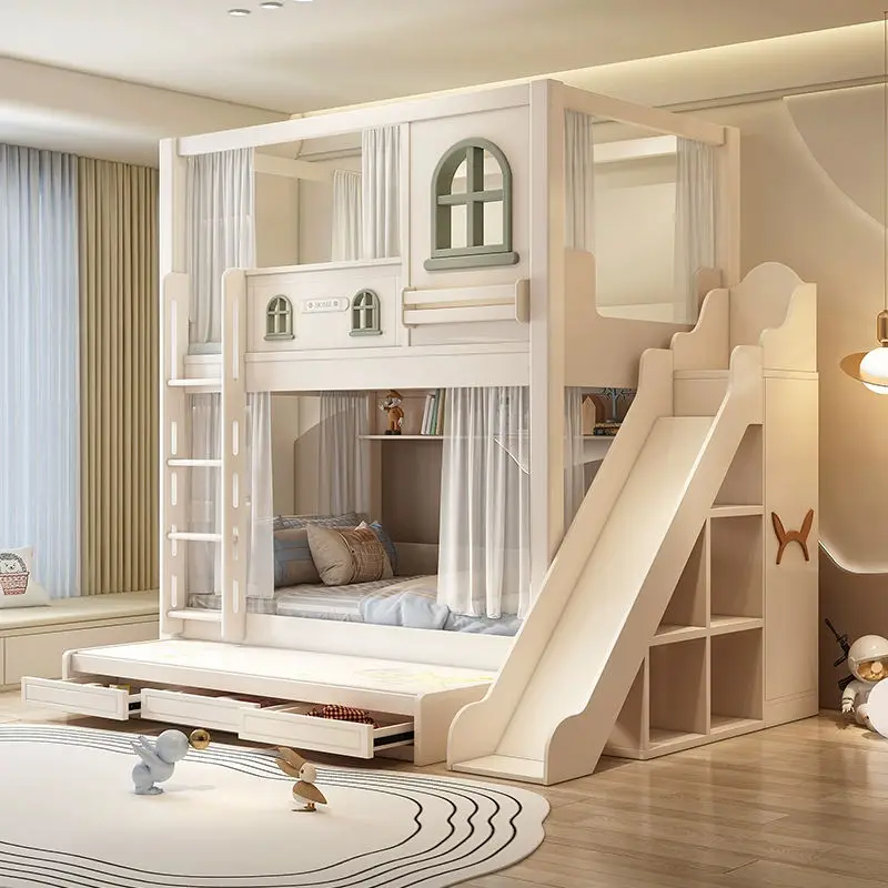 New Design Contemporary Wood Children Bunk Bed Set Multifunctional Bedroom Furniture Cream Color Mother and Baby Bed with Slid — image 3