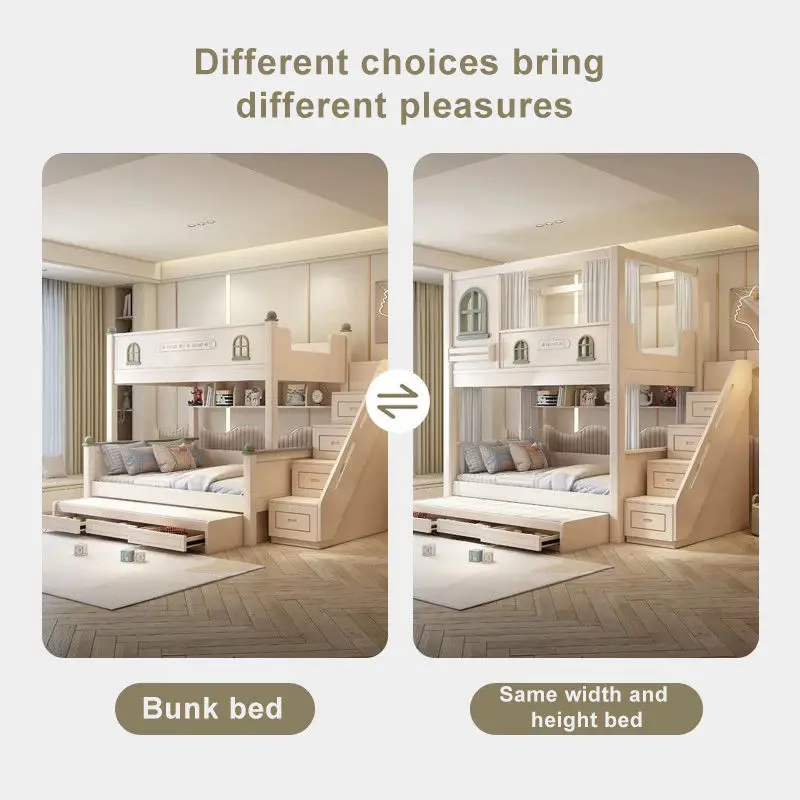 New Design Contemporary Wood Children Bunk Bed Set Multifunctional Bedroom Furniture Cream Color Mother and Baby Bed with Slid — image 4