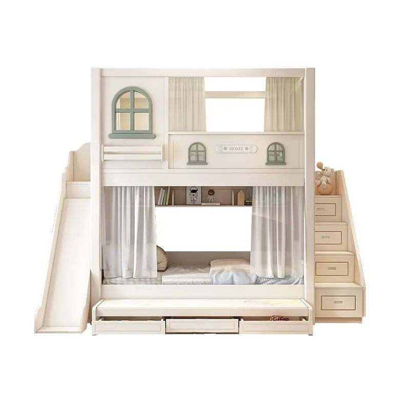 New Design Contemporary Wood Children Bunk Bed Set Multifunctional Bedroom Furniture Cream Color Mother and Baby Bed with Slid — image 5