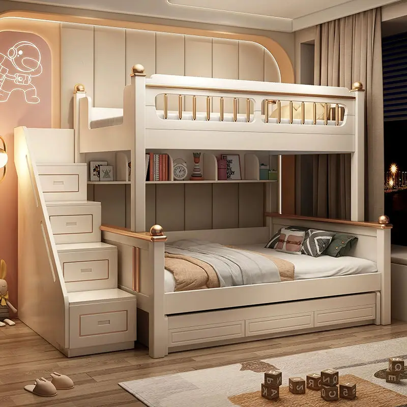 High Quality Contemporary Wooden Frame Bunk Bed with Stair Locker Kids' Bedroom Furniture for Children Hotel & Apartment — view 1