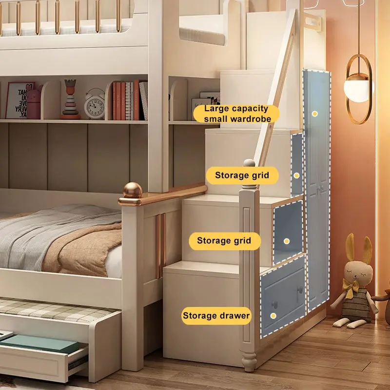 High Quality Contemporary Wooden Frame Bunk Bed with Stair Locker Kids' Bedroom Furniture for Children Hotel & Apartment Use — image 4
