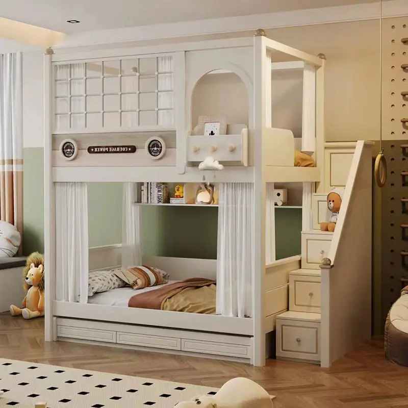 High Quality Wood Indoor Bedroom Furniture Kids Bunk Bed Set for Girls with Slide Apartment & Hotel Use — image 4