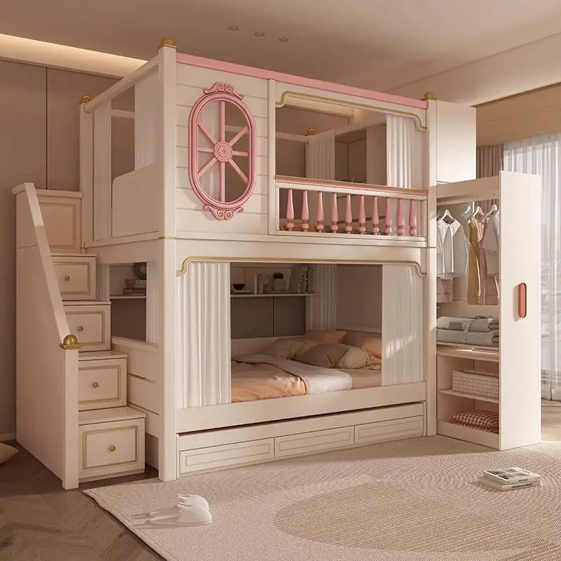 Modern Functional Kids Home Furniture Converted Guarded Bed Full Size Wood Corner Loft Bunk Bed Stairs Apartment Hotel — view 1