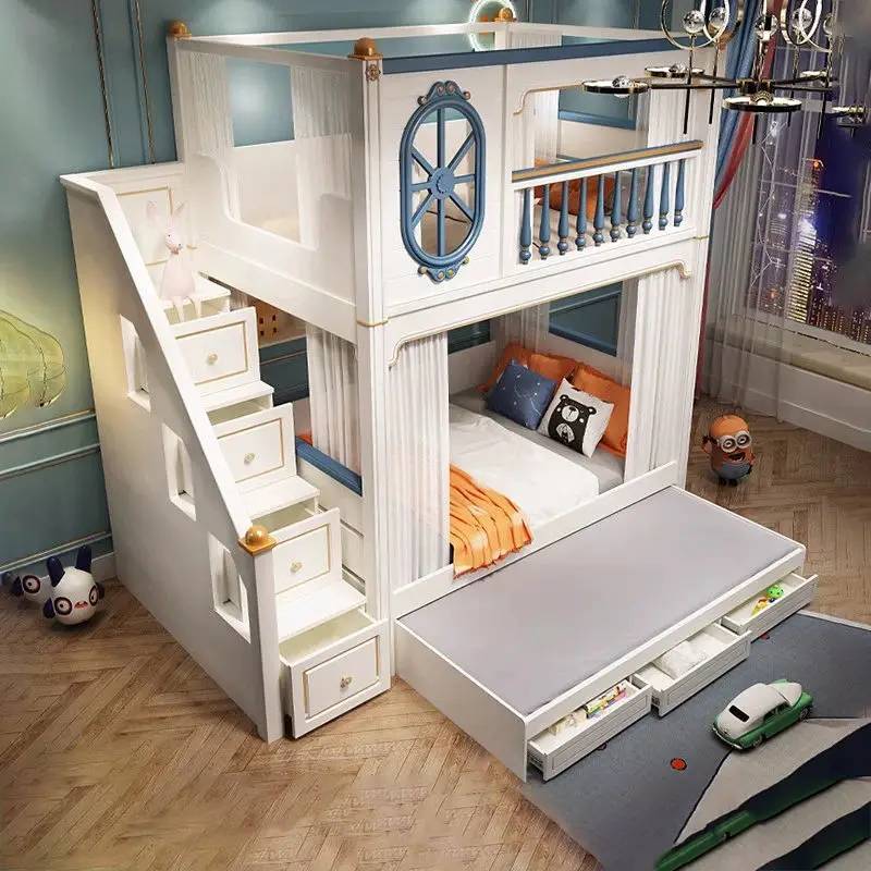 Modern Functional Kids Home Furniture Converted Guarded Bed Full Size Wood Corner Loft Bunk Bed Stairs Apartment Hotel — image 4