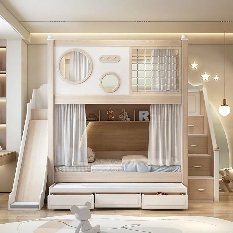 Modern Double-Top High-Height Elevated Bunk Bed Contemporary Comfortable Wooden Material Boys Girls School Hotel Apartment — image 2