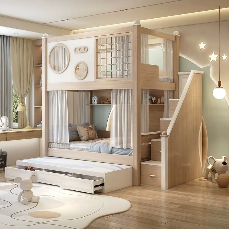 Modern Double-Top High-Height Elevated Bunk Bed Contemporary Comfortable Wooden Material Boys Girls School Hotel Apartment — image 3