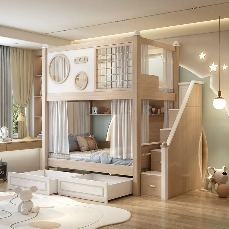 Modern Double-Top High-Height Elevated Bunk Bed Contemporary Comfortable Wooden Material Boys Girls School Hotel Apartment — image 4