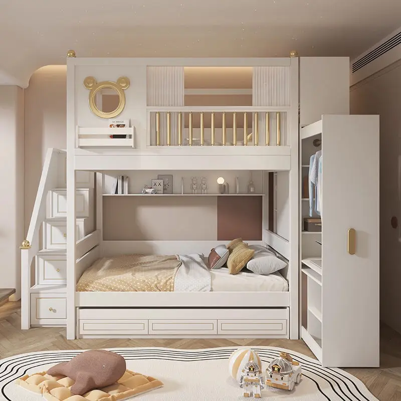 New Style Girl's Bedroom Eco-friendly Wooden Kids Double Bunk Beds School Slide Children's Modern White Comfortable Hotel — image 2