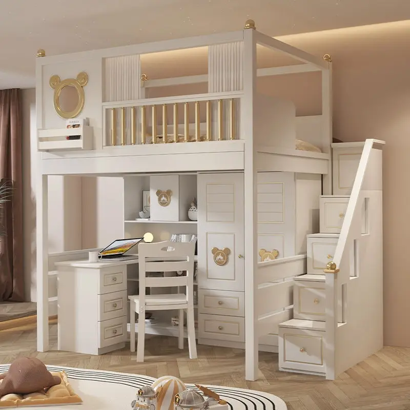 New Style Girl's Bedroom Eco-friendly Wooden Kids Double Bunk Beds School Slide Children's Modern White Comfortable Hotel — image 3