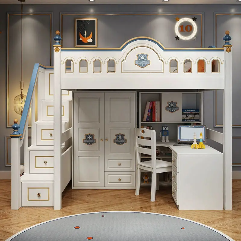 Modern Design Multi-functional Children's Twin Size Wooden Bunk Beds with Wardrobe Table Bookcase Apartment Bedroom Hotel Use — image 3