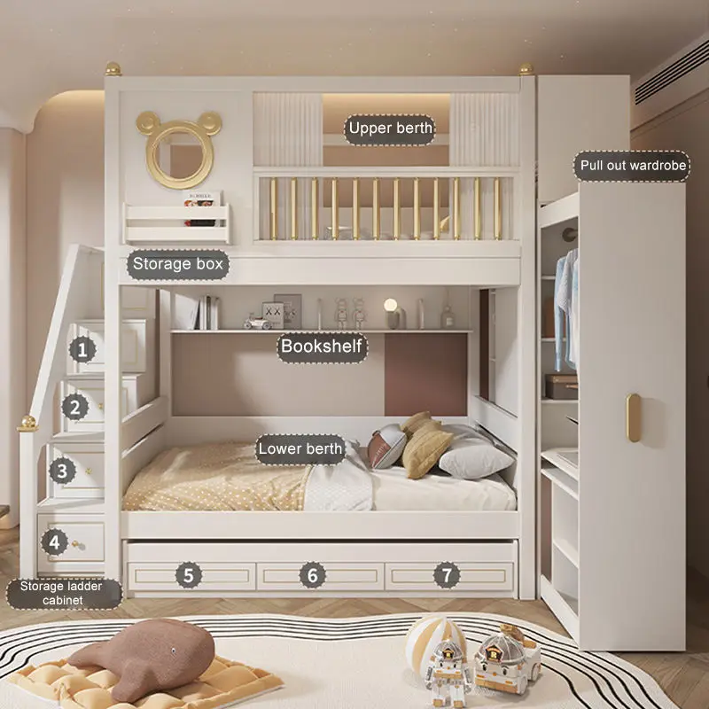 New Style Girl's Bedroom Eco-friendly Wooden Kids Double Bunk Beds School Slide Children's Modern White Comfortable Hotel — image 4