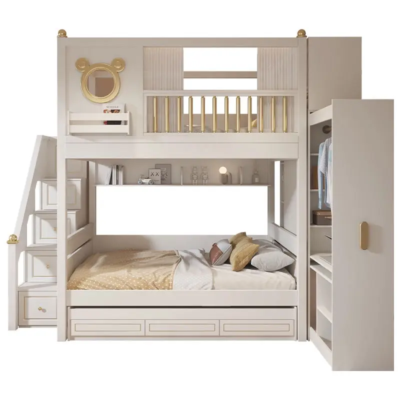 New Style Girl's Bedroom Eco-friendly Wooden Kids Double Bunk Beds School Slide Children's Modern White Comfortable Hotel — image 5
