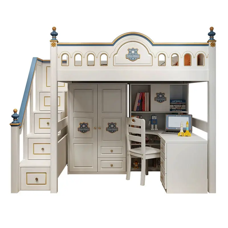 Modern Design Multi-functional Children's Twin Size Wooden Bunk Beds with Wardrobe Table Bookcase Apartment Bedroom Hotel Use — image 5