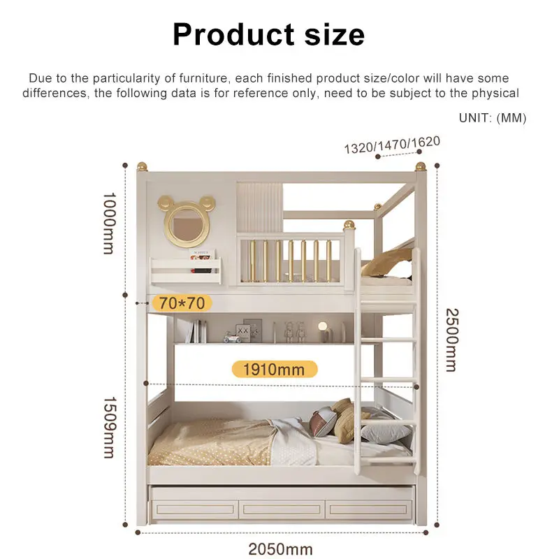 New Style Girl's Bedroom Eco-friendly Wooden Kids Double Bunk Beds School Slide Children's Modern White Comfortable Hotel — image 6