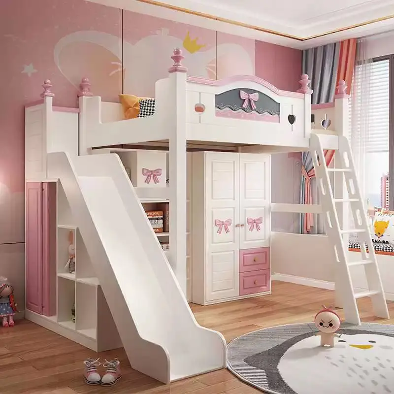 Factory Cheap Wholesale Hot Sale Modern Wood Bedroom Furniture Twin Loft Bunk Bed with Slide for Children's and Hotel Use — image 2