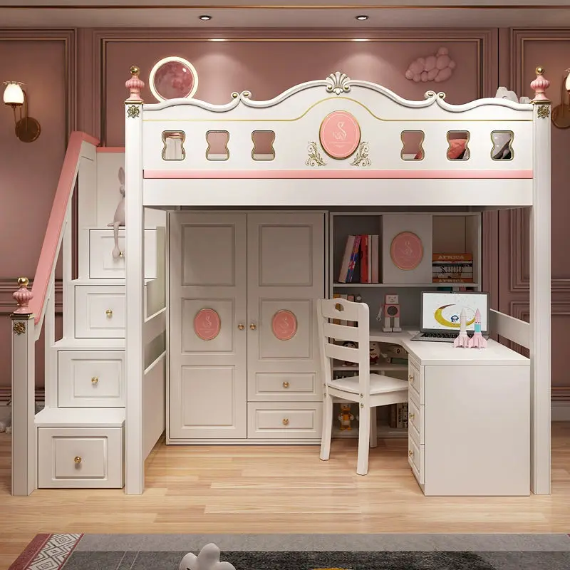 New Style Girl's Bedroom Hotel Eco-friendly Wooden Kids Double Bunk Beds School Slide Children's Modern White — view 1
