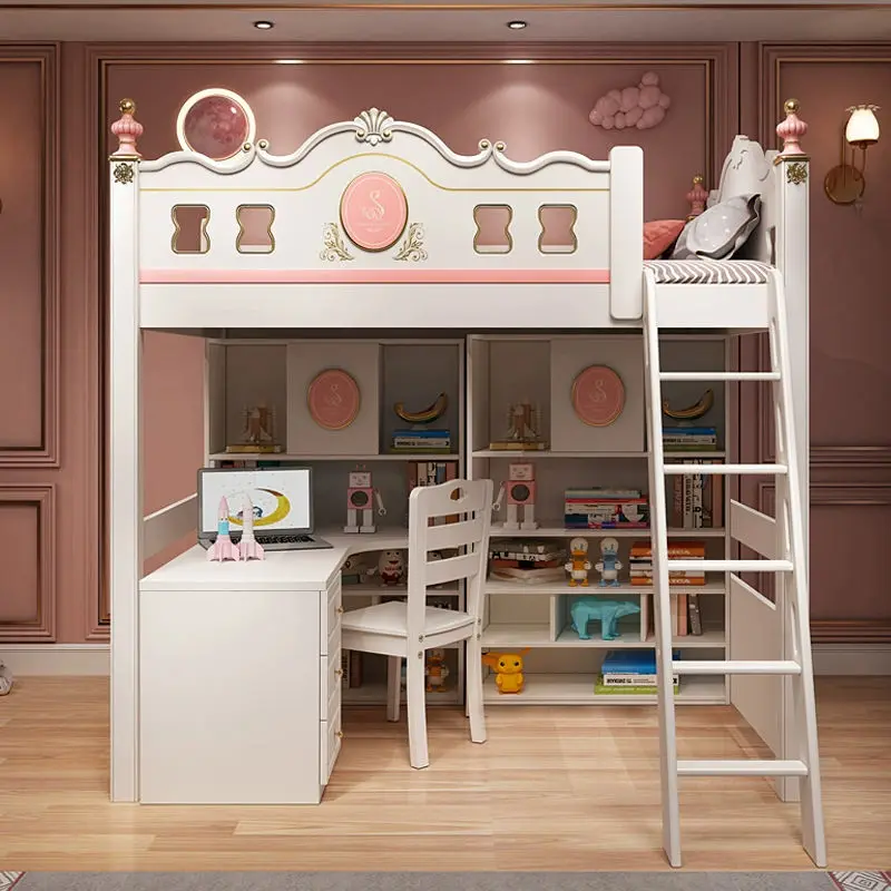 New Style Girl's Bedroom Hotel Eco-friendly Wooden Kids Double Bunk Beds School Slide Children's Modern White — image 3
