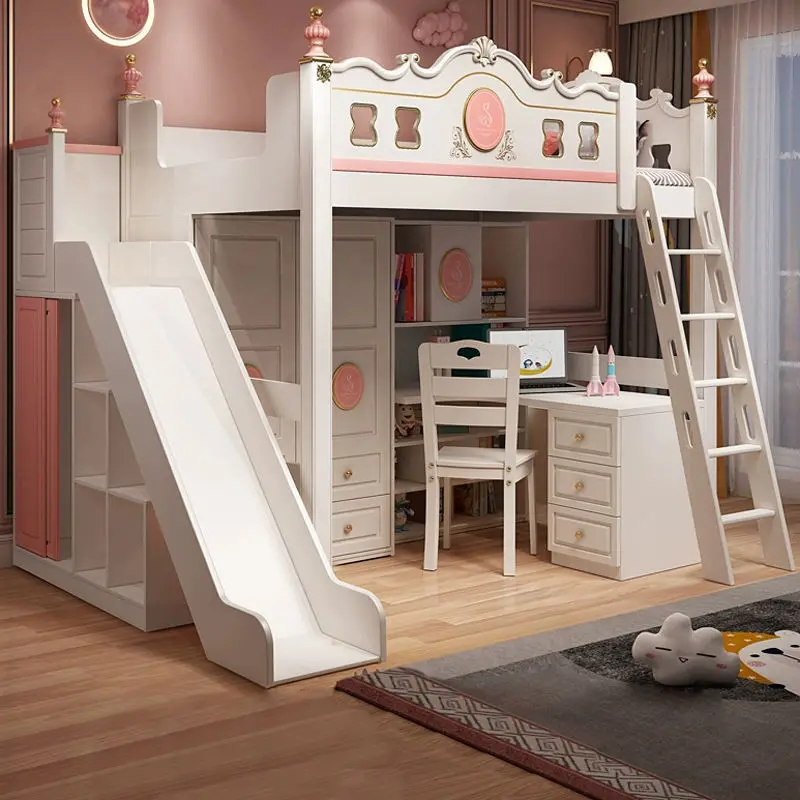 New Style Girl's Bedroom Hotel Eco-friendly Wooden Kids Double Bunk Beds School Slide Children's Modern White — image 4