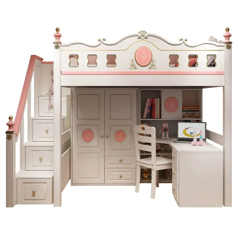 New Style Girl's Bedroom Hotel Eco-friendly Wooden Kids Double Bunk Beds School Slide Children's Modern White — image 5