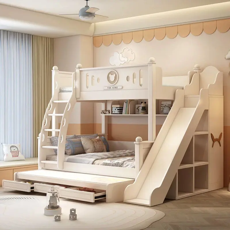 Wood Contemporary Double-Layer Bunk Bed with High-Low Guardrail for Kids School Home Use — image 4