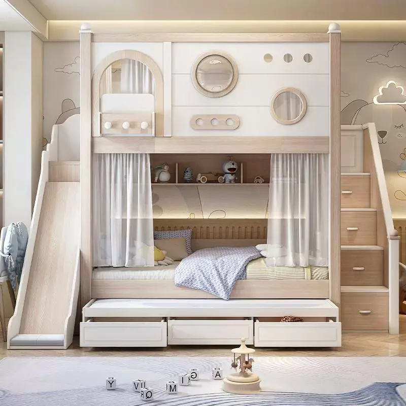 Solid Wood Contemporary Double-Layer Multifunctional Bunk Bed with High-Low Guardrail for Kids Bedroom Parallel Bed Desi — view 1