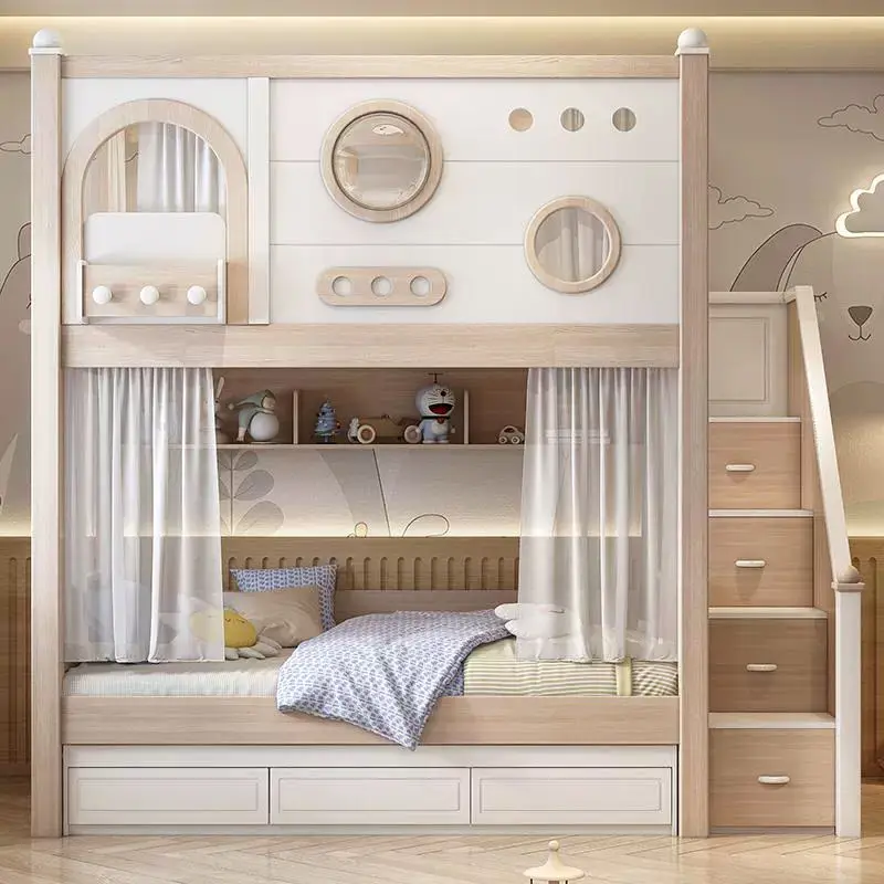 Solid Wood Contemporary Double-Layer Multifunctional Bunk Bed with High-Low Guardrail for Kids Bedroom Parallel Bed Design — image 2