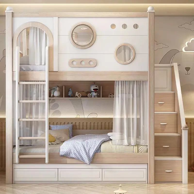 Solid Wood Contemporary Double-Layer Multifunctional Bunk Bed with High-Low Guardrail for Kids Bedroom Parallel Bed Design — image 3