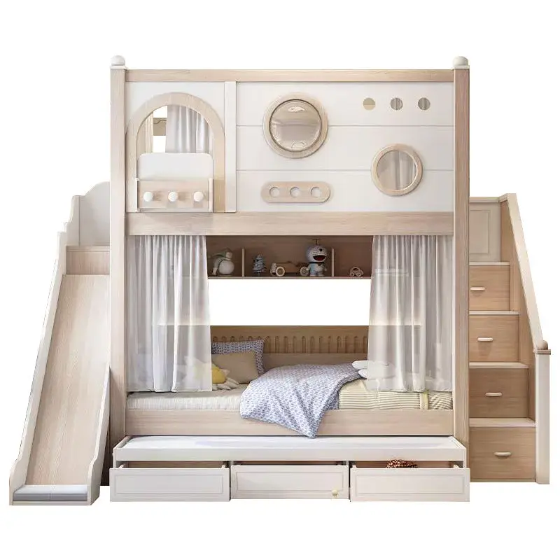 Solid Wood Contemporary Double-Layer Multifunctional Bunk Bed with High-Low Guardrail for Kids Bedroom Parallel Bed Design — image 5