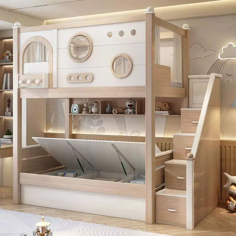 Solid Wood Contemporary Double-Layer Multifunctional Bunk Bed with High-Low Guardrail for Kids Bedroom Parallel Bed Design — image 6