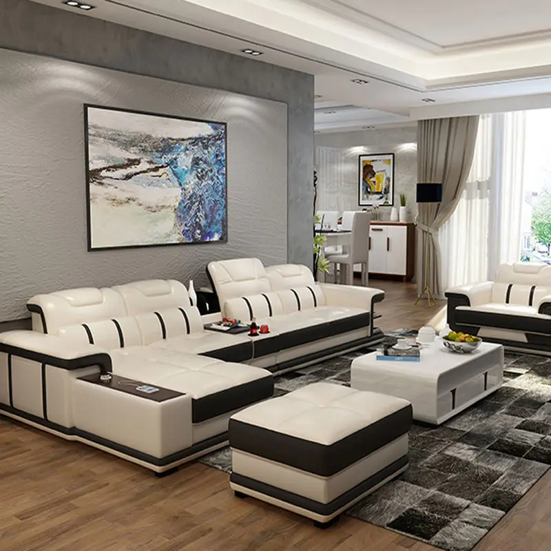 Modern Cheap Sofas l Shape White Luxury Leather Corner Sectional Sofa Set Furniture Living Room — image 3