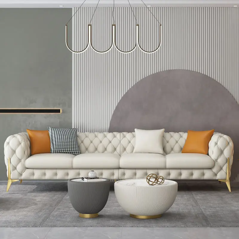 Italian Stainless Steel Light Luxury Sofa Sectional Upscale Living Room Furniture Genuine Leather Sofa Set Modern Artistic — image 5
