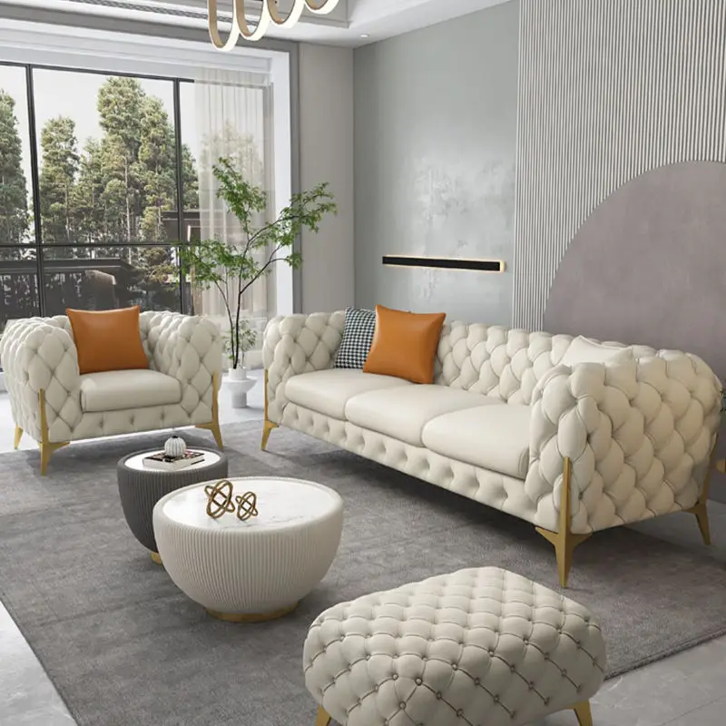 Italian Stainless Steel Light Luxury Sofa Sectional Upscale Living Room Furniture Genuine Leather Sofa Set Modern Artistic — image 6