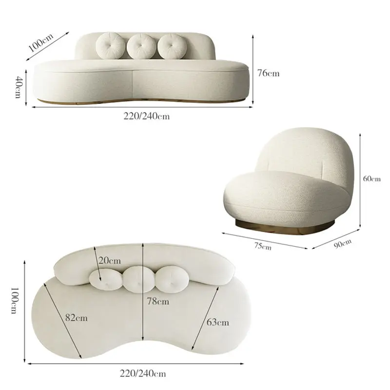 White Cashmere Wool Fashion Designer Living Room Sofas Stainless Steel Feet Comfortable Upholstered 3 Seater Sofa Bed — image 7