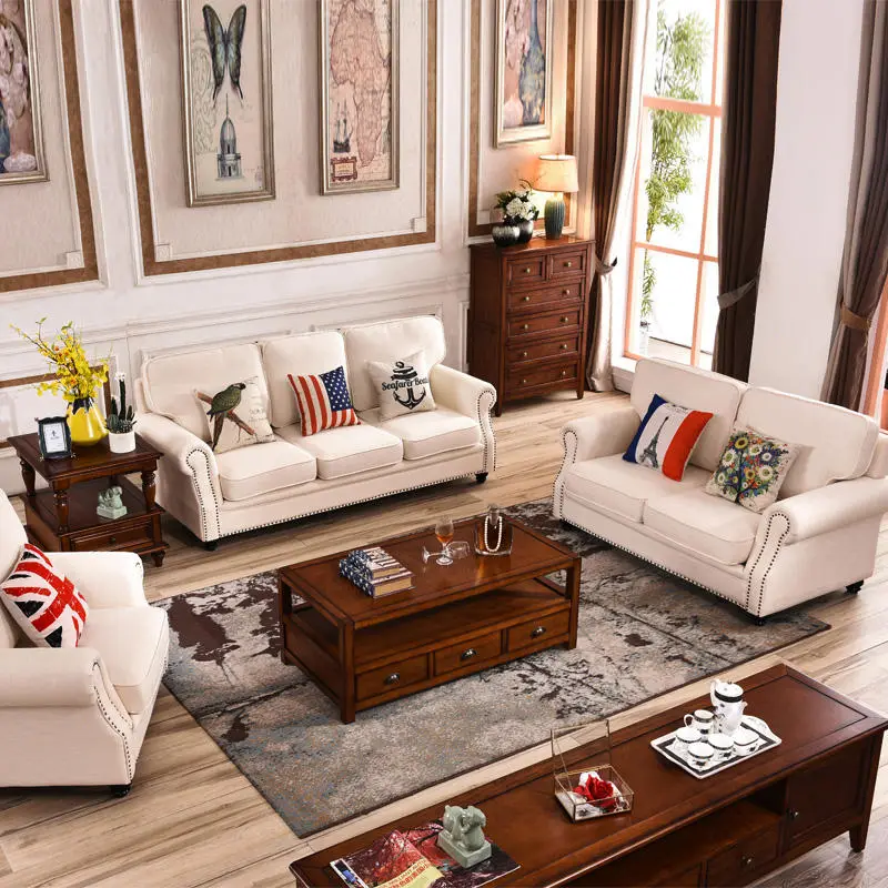 Luxury Living Room Sofas 3 Seaters Loveseats Sectional Sofa White Fabric Modern American Style Chesterfield Sofa — image 3