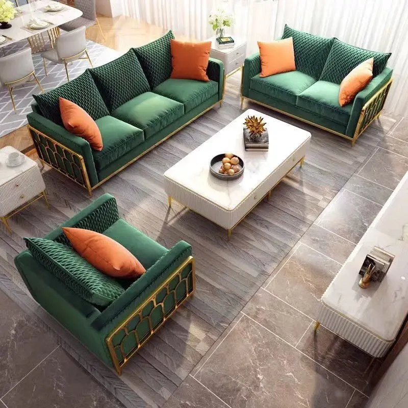 Classic Eco-friendly Traditional Stainless Steel Velvet Sectional Sofa Set Luxury Living Room Furniture — image 3