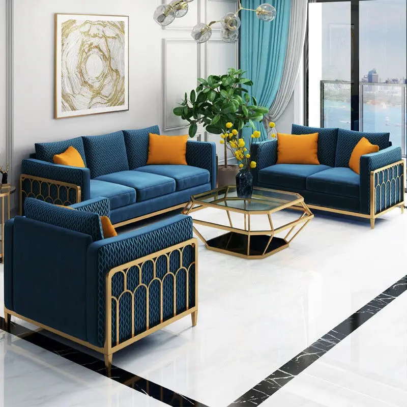 Classic Eco-friendly Traditional Stainless Steel Velvet Sectional Sofa Set Luxury Living Room Furniture — image 4