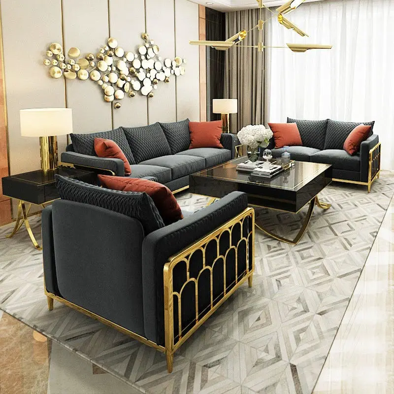 Classic Eco-friendly Traditional Stainless Steel Velvet Sectional Sofa Set Luxury Living Room Furniture — image 5