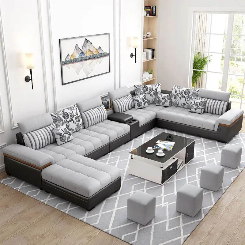 Modern Convertible Reclining Fabric U Shape Sectional Sofa Set for Living Room Luxury Furniture — image 3