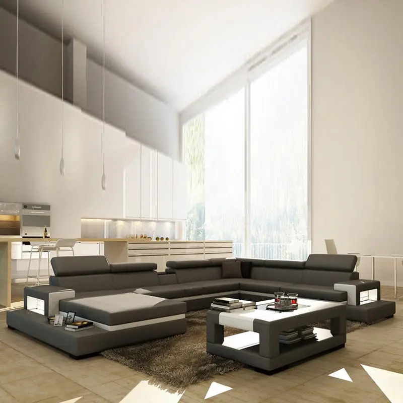 Factory Supplier Luxury Reclining Sectional Sofa Bed with LED Modern Living Room Genuine Leather Sofa Sets in Grey — image 2