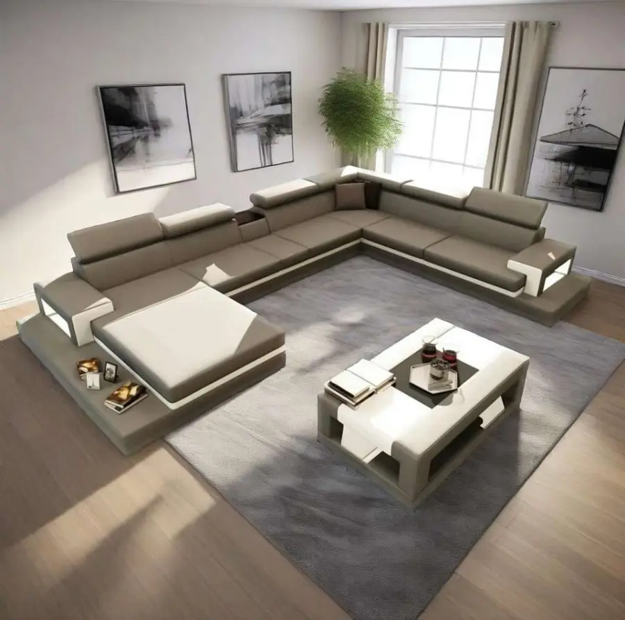 Factory Supplier Luxury Reclining Sectional Sofa Bed with LED Modern Living Room Genuine Leather Sofa Sets in Grey — image 3