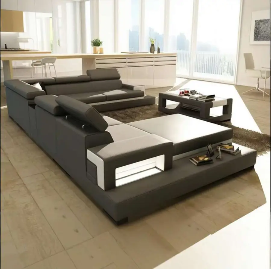 Factory Supplier Luxury Reclining Sectional Sofa Bed with LED Modern Living Room Genuine Leather Sofa Sets in Grey — image 4