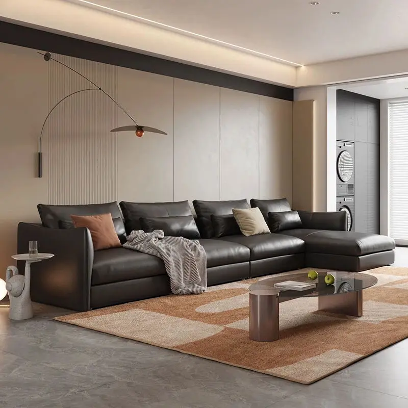 High End Black Italian Leather Sofa Modern Soft Comfortable Down Cushion Sofa Set Furniture Living Room Luxury Leisure C — view 1