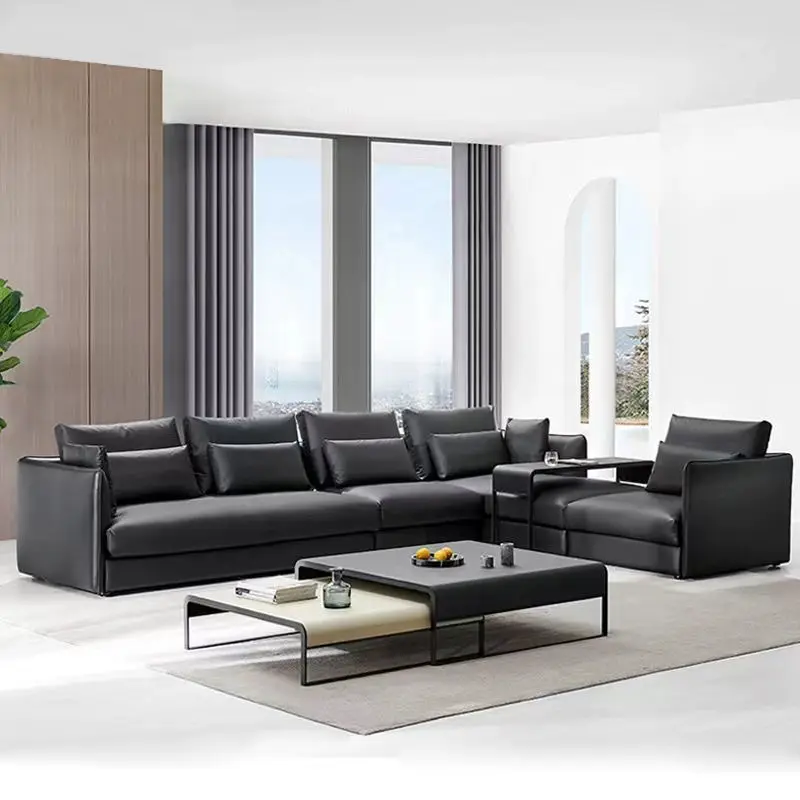 High End Black Italian Leather Sofa Modern Soft Comfortable Down Cushion Sofa Set Furniture Living Room Luxury Leisure Couch — image 3