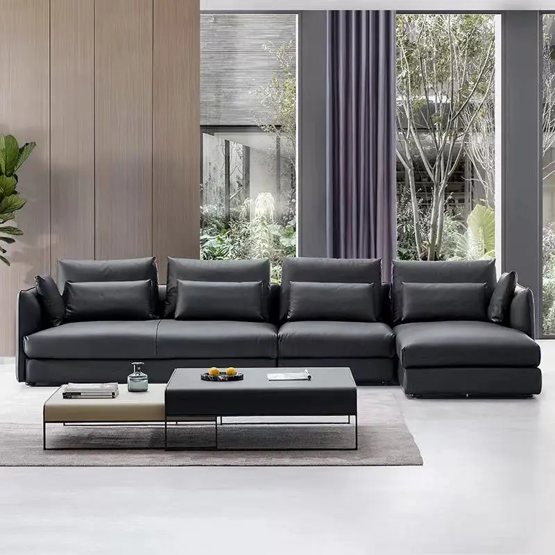 High End Black Italian Leather Sofa Modern Soft Comfortable Down Cushion Sofa Set Furniture Living Room Luxury Leisure Couch — image 4