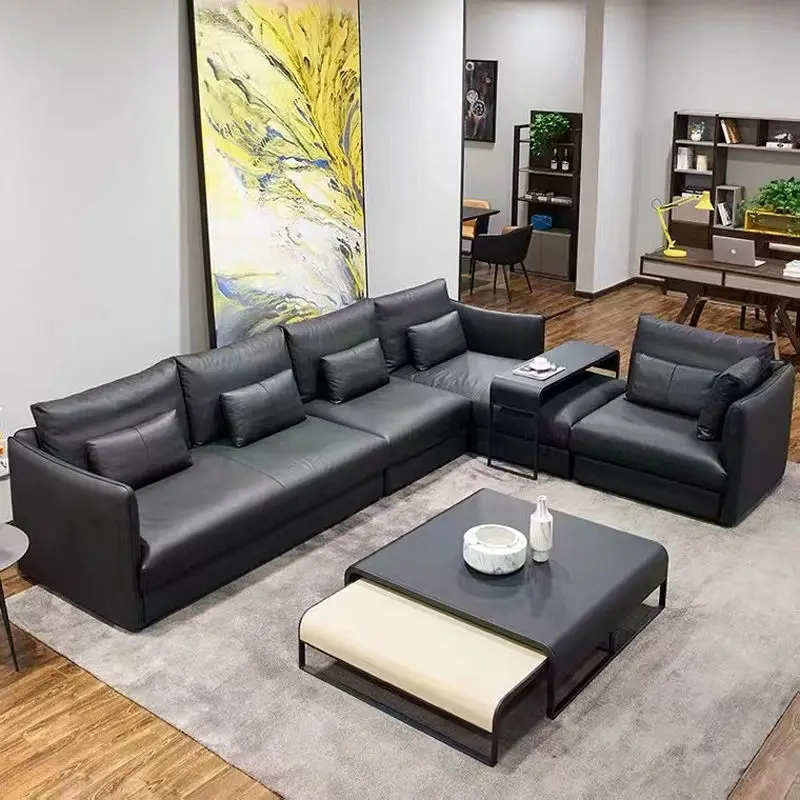 High End Black Italian Leather Sofa Modern Soft Comfortable Down Cushion Sofa Set Furniture Living Room Luxury Leisure Couch — image 5