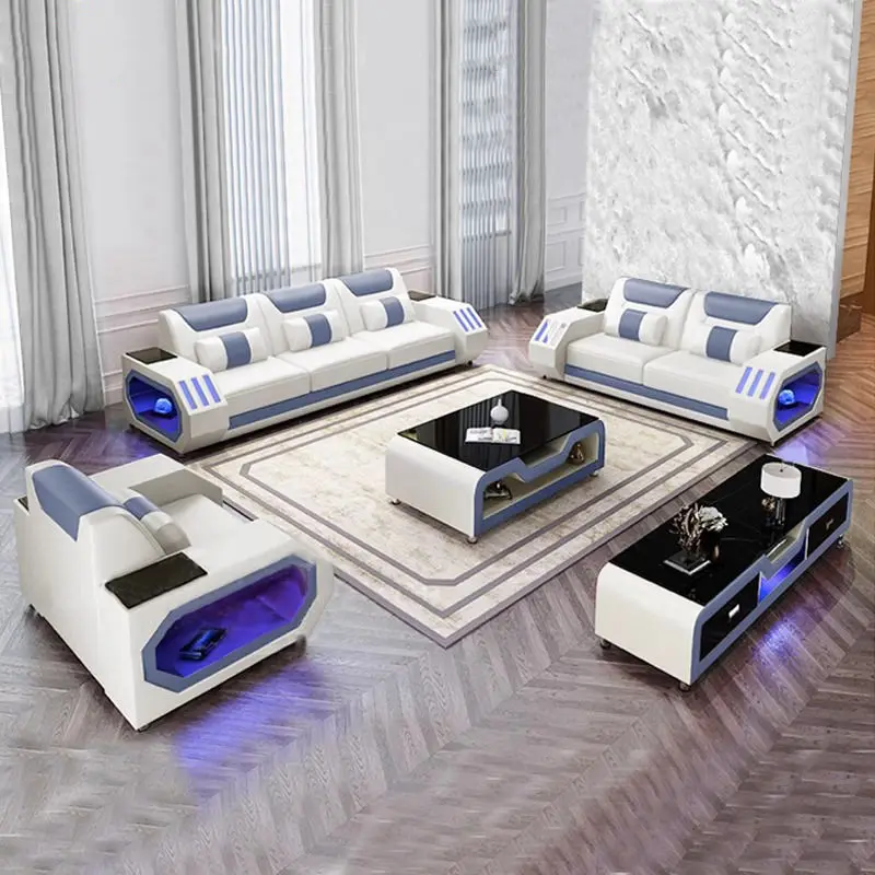 Factory Direct Sales Luxury Genuine Leather Sectional Sofa Set Modern Living Room Sponge Filled LED Light Stylish — view 1