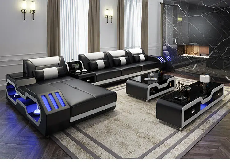 Factory Direct Sales Luxury Genuine Leather Sectional Sofa Set Modern Living Room Sponge Filled LED Light Stylish — image 3