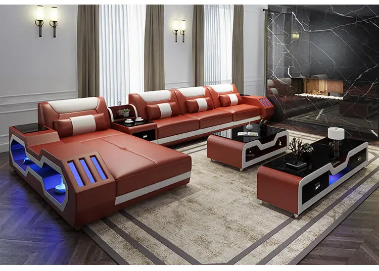 Factory Direct Sales Luxury Genuine Leather Sectional Sofa Set Modern Living Room Sponge Filled LED Light Stylish — image 4