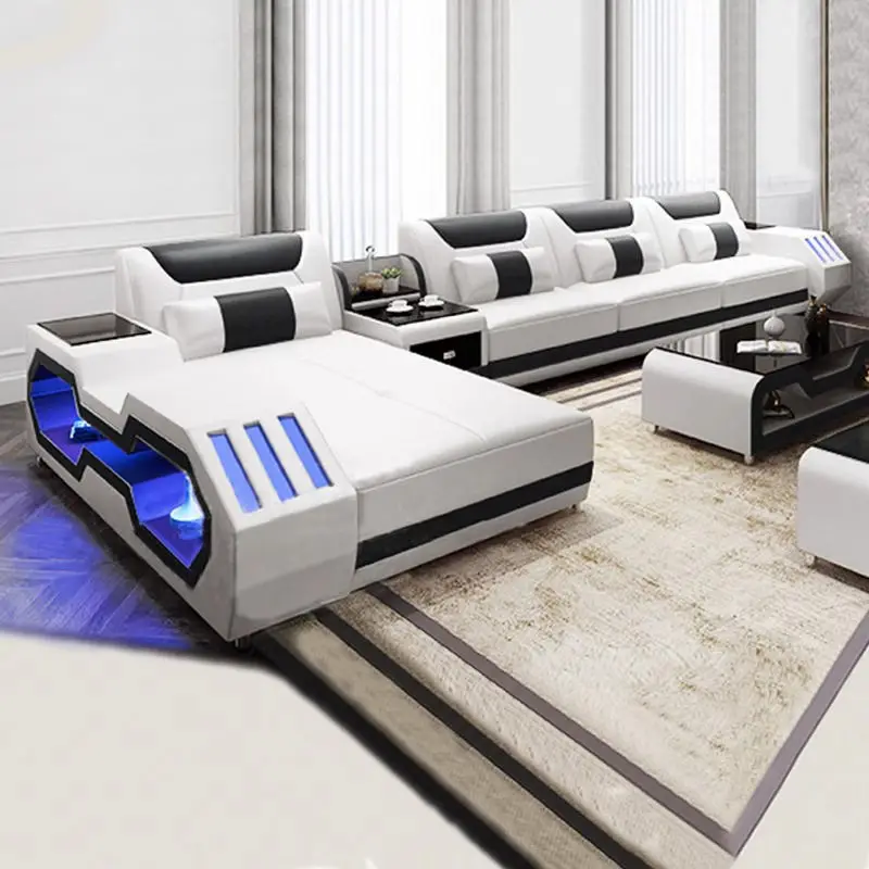 Factory Direct Sales Luxury Genuine Leather Sectional Sofa Set Modern Living Room Sponge Filled LED Light Stylish — image 5